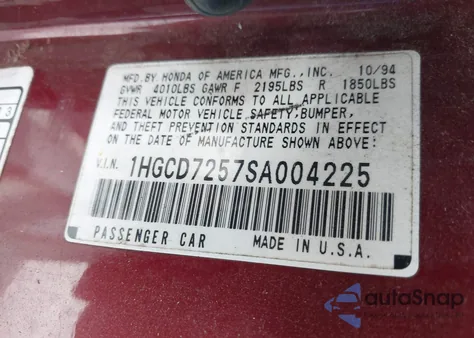 1995 Honda Accord Ex from USA, damaged, VIN 1HGCD7257SA004225